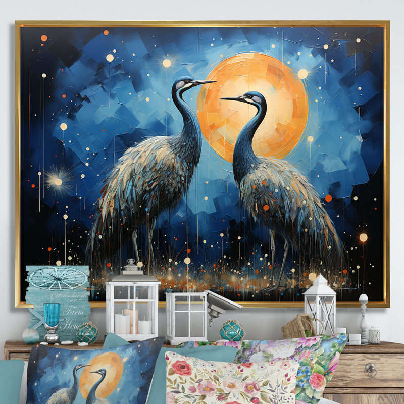 «Moonlight Celestial Wanderers Autruches», reproduction sur toile, Cadre flottant doré, H 12 po x l 20 po x P 1 po