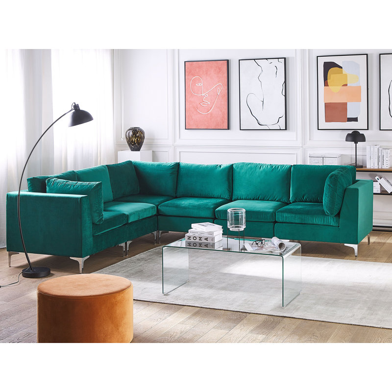 Ester 6 Seater Velvet Corner Sofa , Green, Left Hand Facing