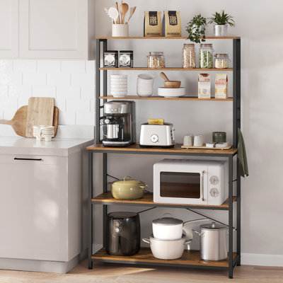Kitchen Storage Rack, Coffee Bar, Baker’S Rack, Total 6 Shelves And 6 Hooks, For Microwave, Steel Frame, Industrial, 40 X 100 X 167 Cm, Rustic Brown And Black