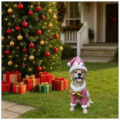 Statue de Noël Labrador Retriever, figurine de chien de Noël en tenue de père Noël rose