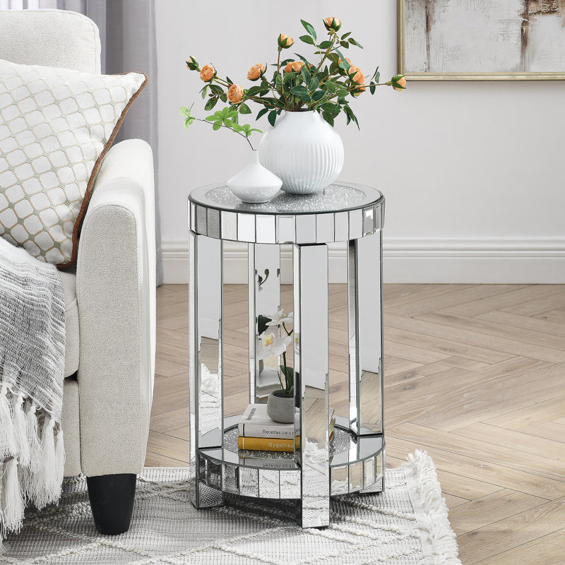 Table ronde à miroir avec incrustation de cristal, petit canapé moderne à 2 couches avec espace de rangement, table décorative argentée convenant au salon, à la chambre à coucher, au café et aux petits espaces