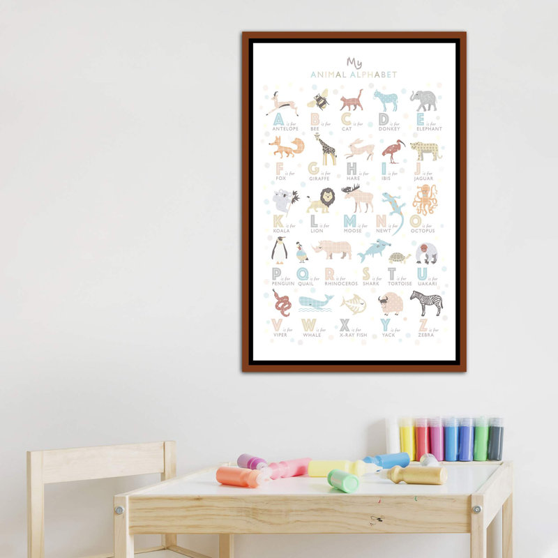 «Neutral Animal Alphabet», reproduction d'impression, H 40 po x l 26 po x P 1,5 po, Toile avec cadre brun, Pas de tapis