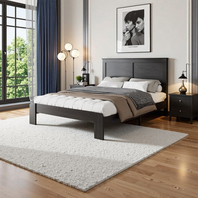 Structure de lit plateforme en bois noir foncé pour grand lit - sans bruit, sans sommier, outil d'assemblage facile et grand rangement sous le lit