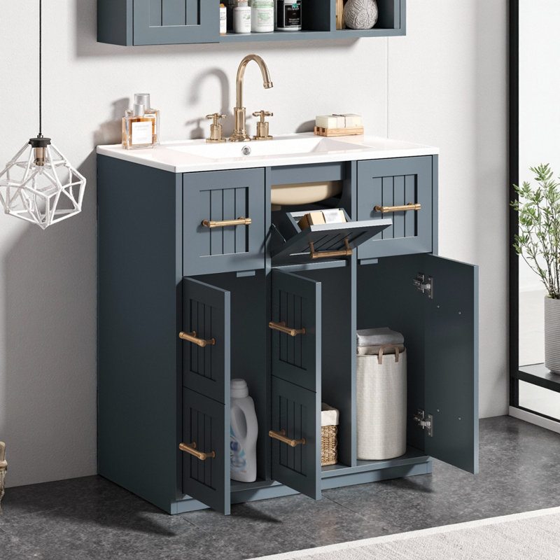 Meuble-lavabo 30 po avec lavabo encastré, Bleu / doré