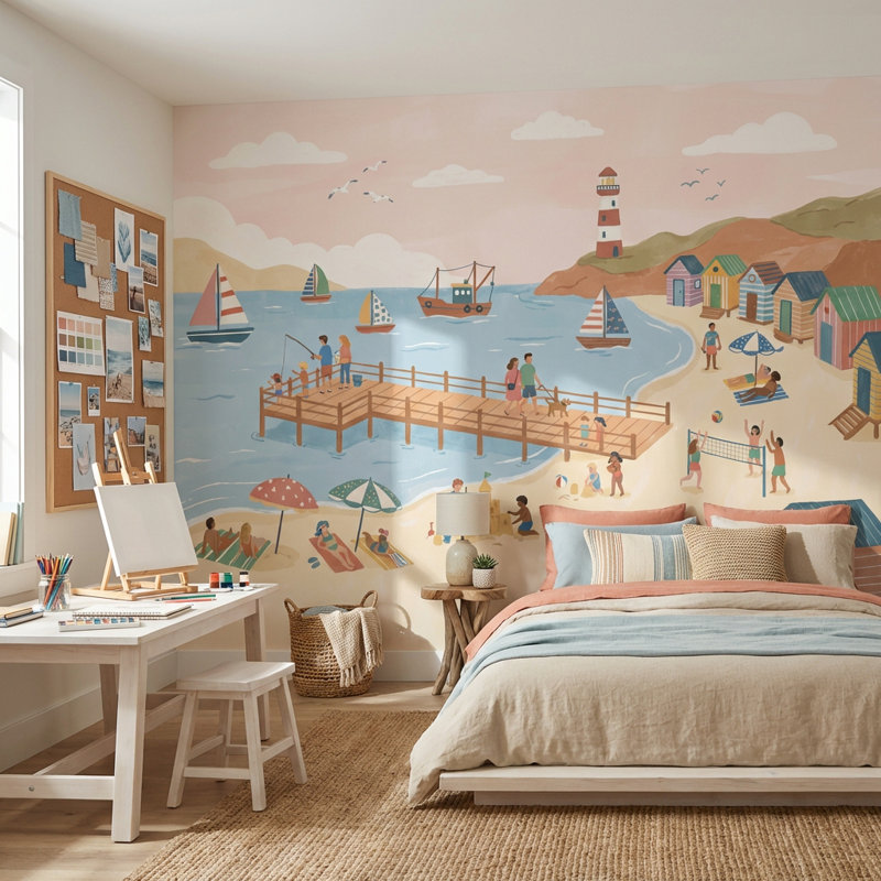 Adhésif mural plage, voiliers de plage, 160 po x 108 po, Peler et coller