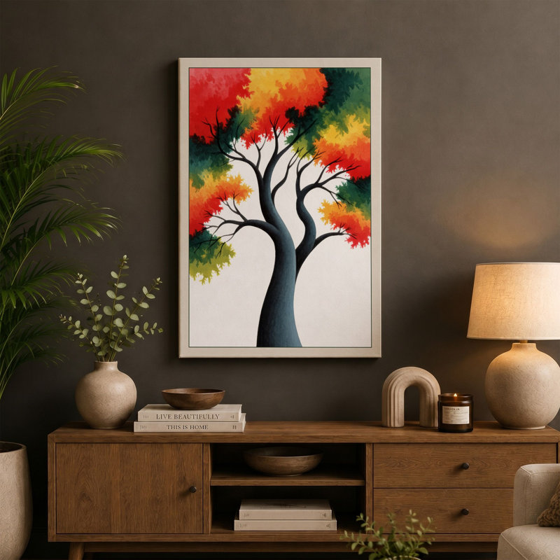 Autumn Tree in Watercolour Botanical - Wrapped Canvas, 36x24 - 91.4 x 61.0 cm, Ochre Border