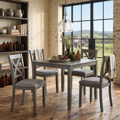 Table de salle à manger 5 pièces carrée en bois gris, 4 chaises rembourrées rembourrées, structure stable en bois massif, ensemble de salle à manger moderne pour la cuisine et la salle à manger