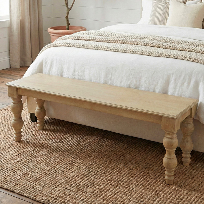 Braydan 58" W Solid Wood Bench with Hand Turned Legs- Rustic Natural, Tan