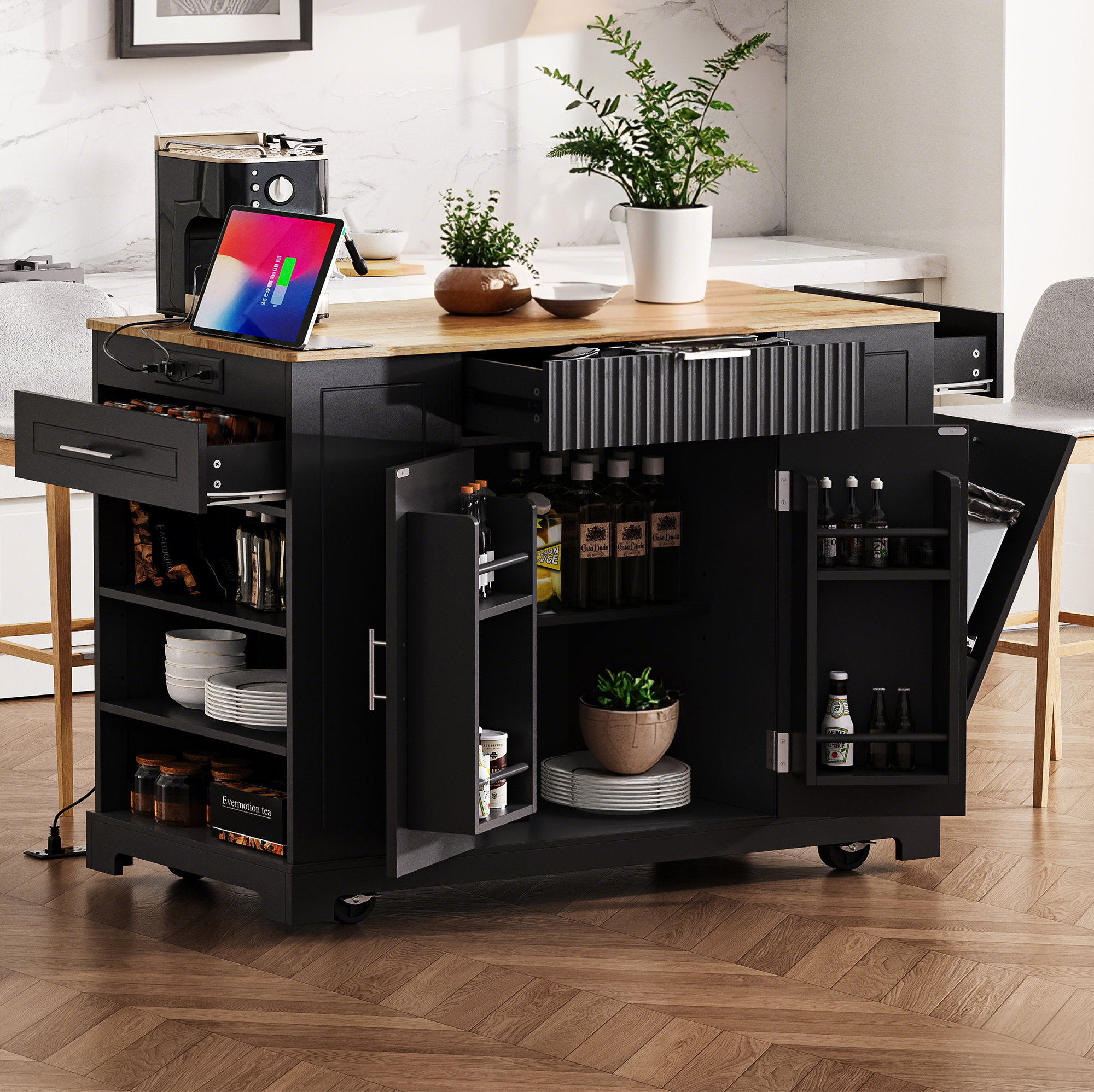 Latitude Run® Fluted Kitchen Island With Trash Can Storage Cabinet ...