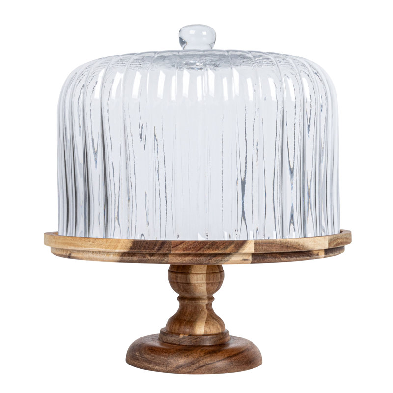 Guéridon 12 pouces rond en bois d'acacia avec cloche en verre cannelé