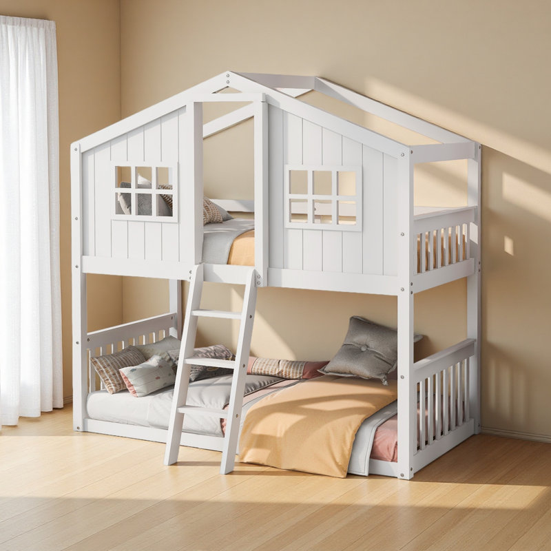 Twin Over Twin House Bunk Bed With Ladder, White