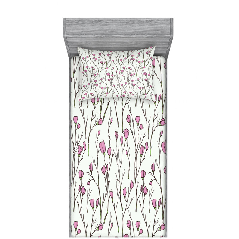 Drap-housse floral en microfibre, Drap-housse pour lit simple TG avec taie d'oreille, Floral rose / vert / beige