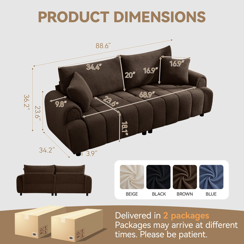 88,6 po de large canapé Sherpa moderne, canapé en tissu polaire moelleux pour le salon, Brun