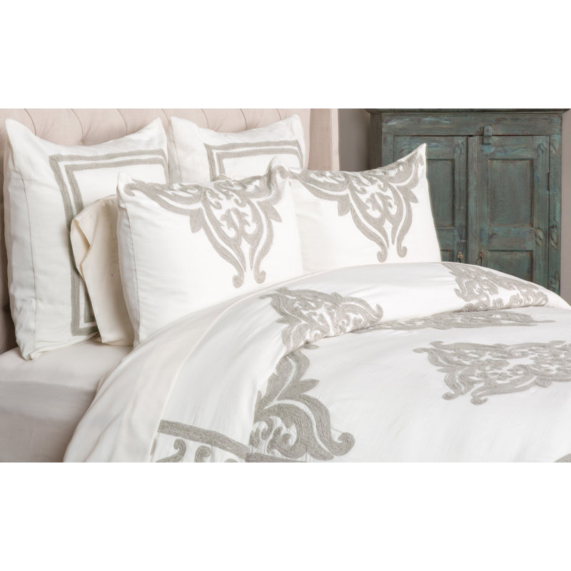 Kent Cotton Damask Duvet Cover, Ivory Damask, Queen Duvet Cover