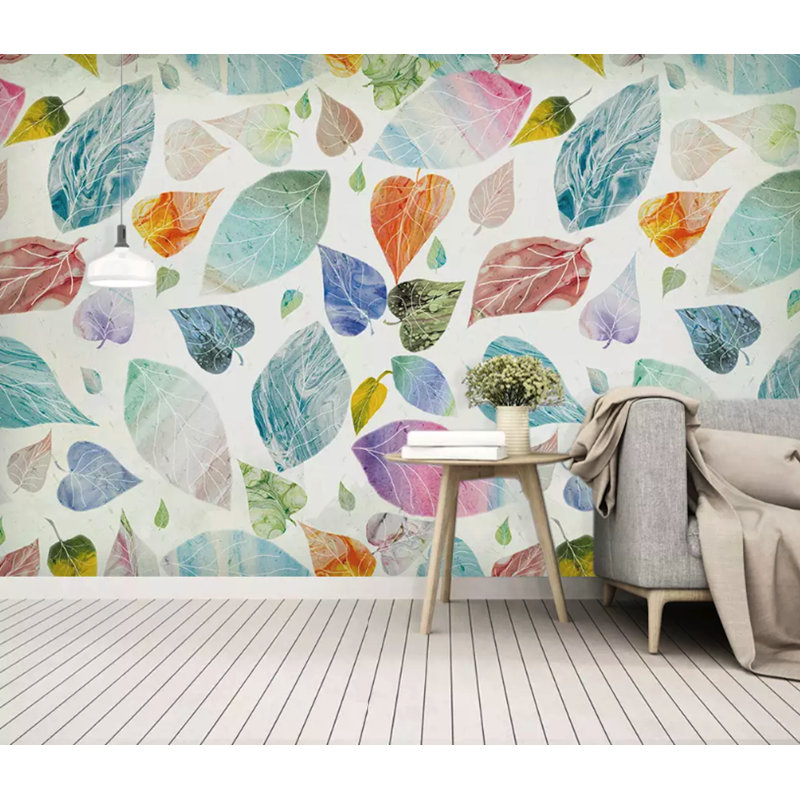 Watercolor Colorful Leaf Pattern Tropical Removable Wallpaper, 75" L x 112" W