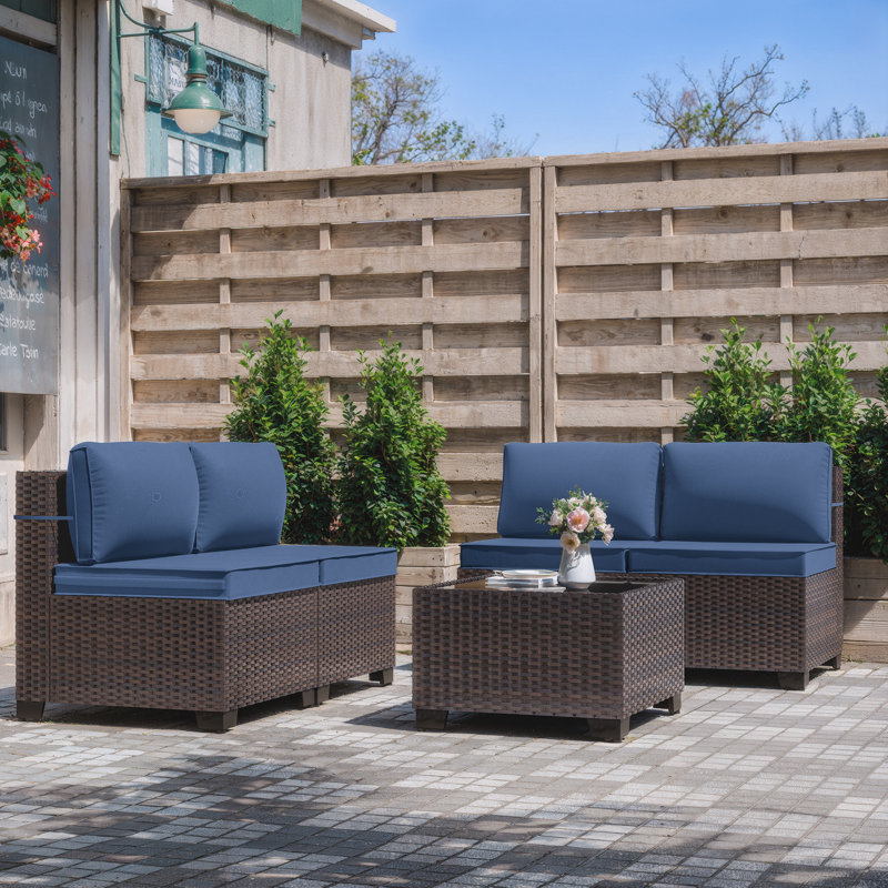 Ensemble de conversation pour patio en osier 4 personnes avec coussins et table basse 4 personnes, Marine