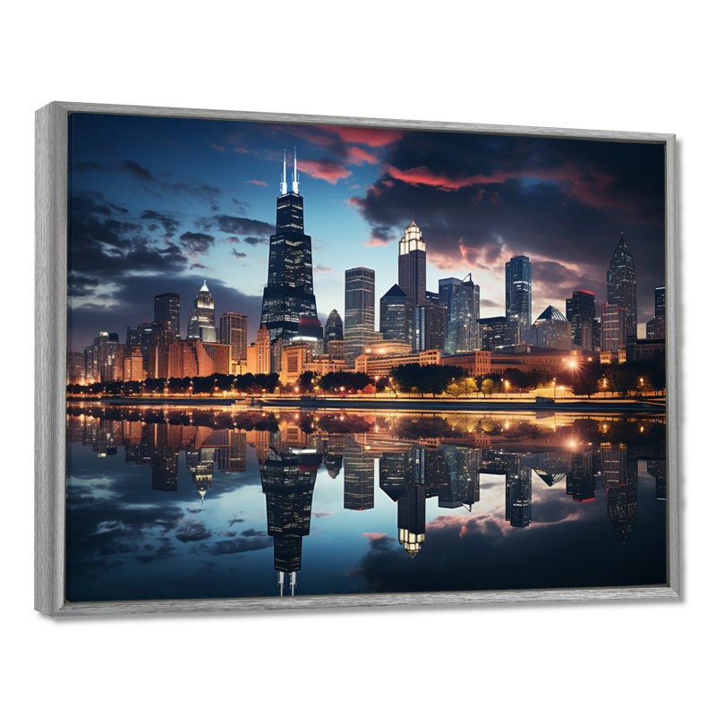 Chicago, beau paysage urbain II - art mural Chicago, Reproduction avec cadre flottant, H 16 po x l 32 po, Argent argent