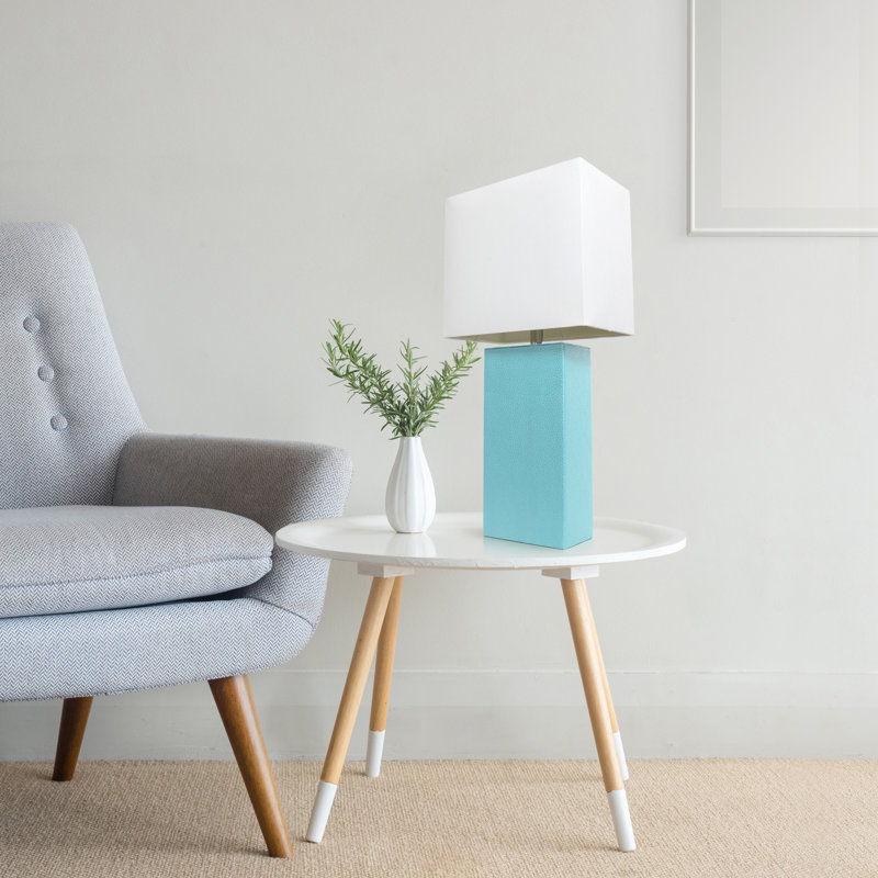 21" Leather Base Table Lamp with White Rectangular Linen Shade, No, Aqua, Clear