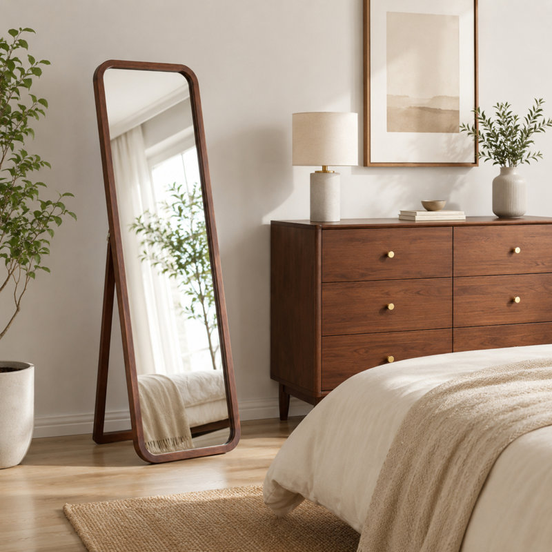Miroir pleine grandeur en bois de hêtre massif autoportant fixé au mur pour le salon de la chambre à coucher
