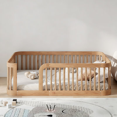 Floor Bed Frame With High Fence,solid Wood Kids Montessori Floor Bed For Kids Girls Boys,rounded Corner Design