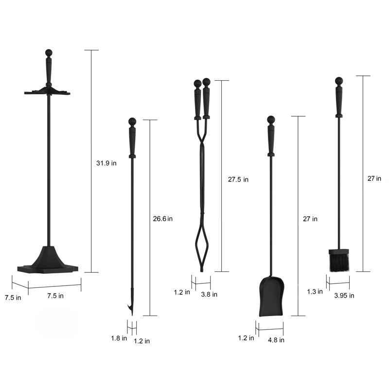 Charlton Home 5-Piece Fireplace Tools Set - Essential Heavy-Duty Accessories for Fireplaces - Includes Tongs, Shovel, Broom, Poker, and Stand