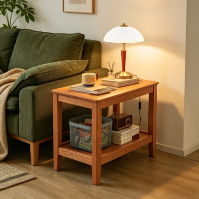 Table d'appoint rustique à deux niveaux en bois massif 100 % avec tablette de rangement, support pour plantes en bois d'hévéa pour le salon