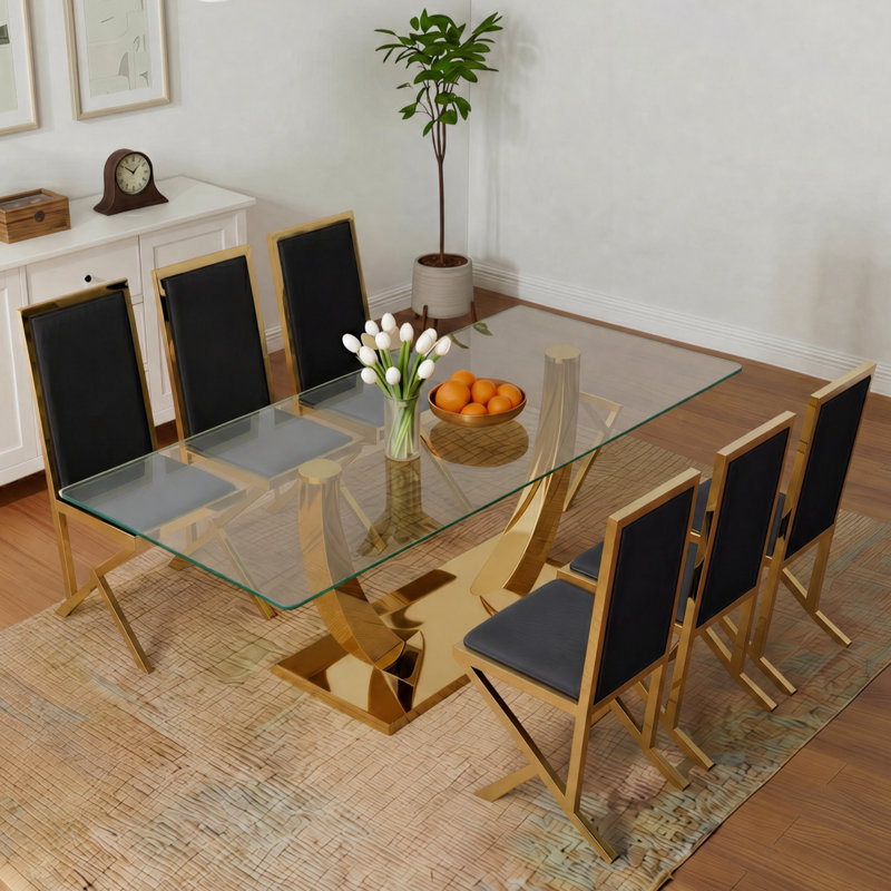 Ensemble de salle à manger 7 pièces 7 pièces, Black/Gold, 7 Pieces: Table, 6 Chairs, Gold