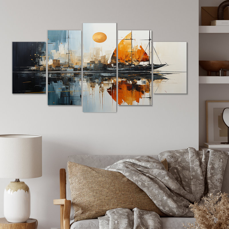 «Moonlight Saiboat Collage Horizon III - Bateau à voile, ensemble d'art mural multi-panneaux