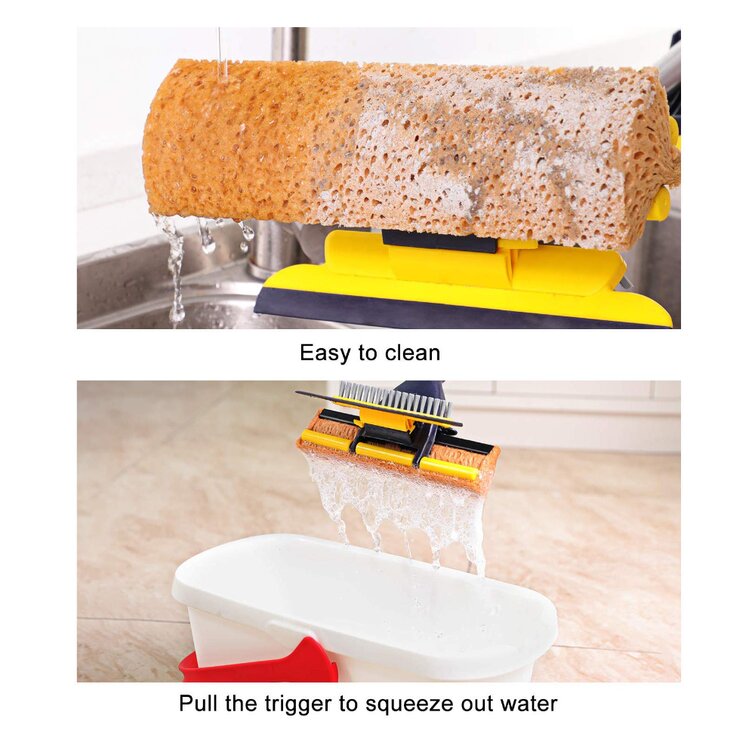 CLEANHOME Sponge Mop and Bucket for Kitchen Bathroom Tile Floor Cleaning  Mop and Collapsible Bucket with 2 Sponge Heads Extendable Telescopic Long