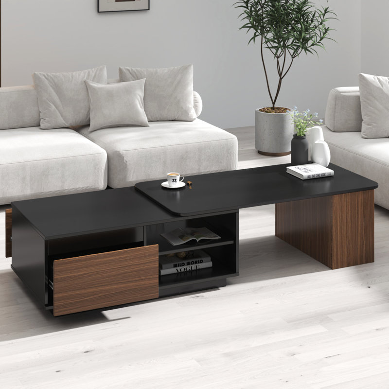 Table basse extensible, table basse en bois réglable en longueur avec 2 tiroirs de rangement pour le salon, grande table centrale rectangulaire longue