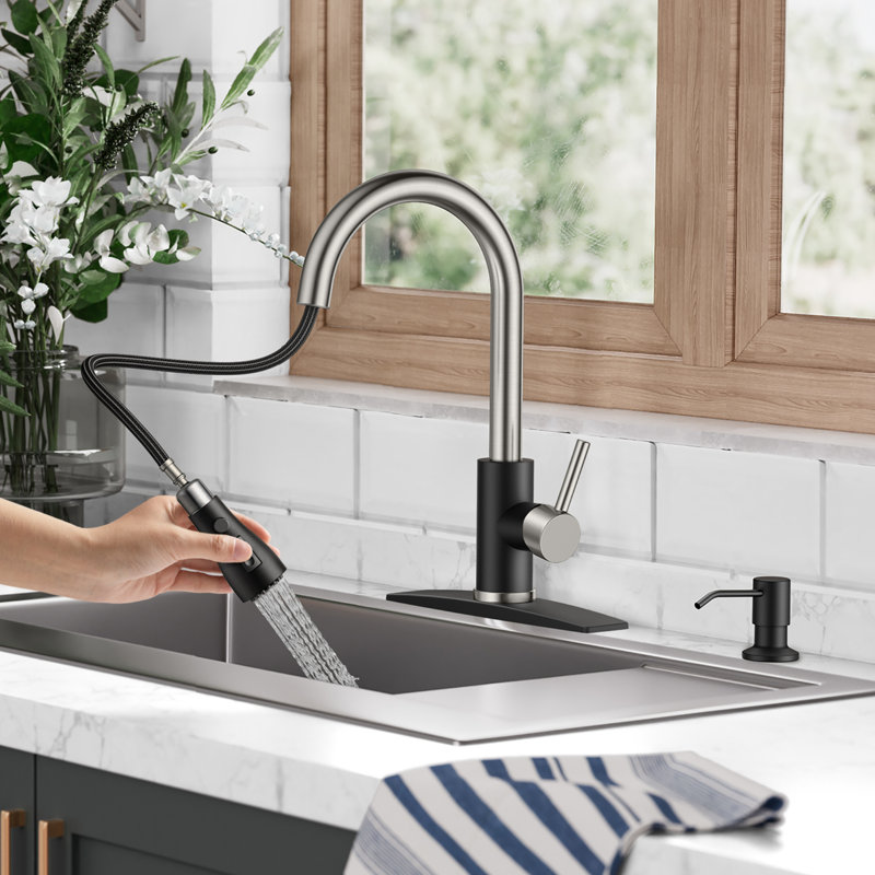 Robinet de cuisine rétractable à poignée simple avec accessoires, Noir / brossé