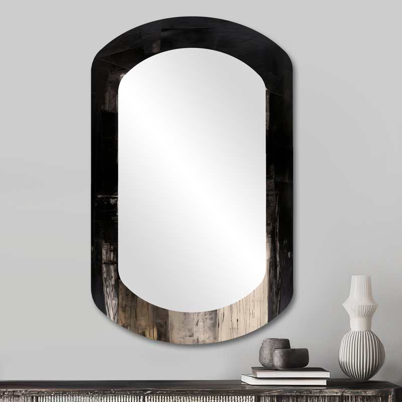 Black Mid Century Fusion IV - Midcentury Modern Asymmetrical Unique Wall Mirror Decor, Grey Cylinder Large Mirror, Printed Metal Art