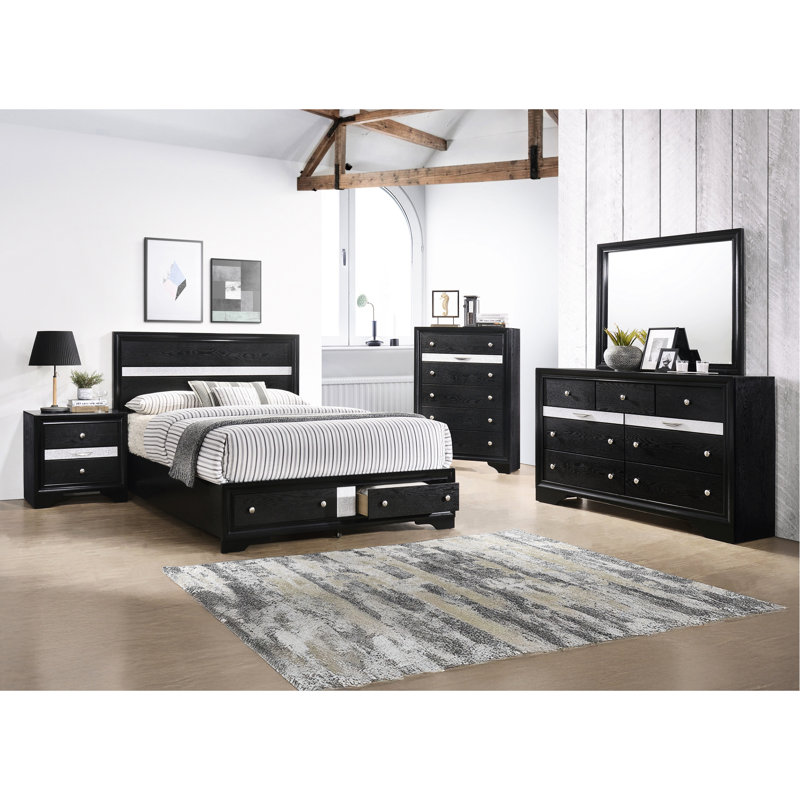 Lit plateforme contemporain avec accents et rangement argentés chatoyants, finition noire, deux tiroirs, look de rangement de fabrication de tiroir, décor, bois massif, glissières en métal