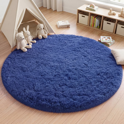 Tapis rond doux et moelleux 4 pi x 4 pi pour chambre à coucher de salon, bleu