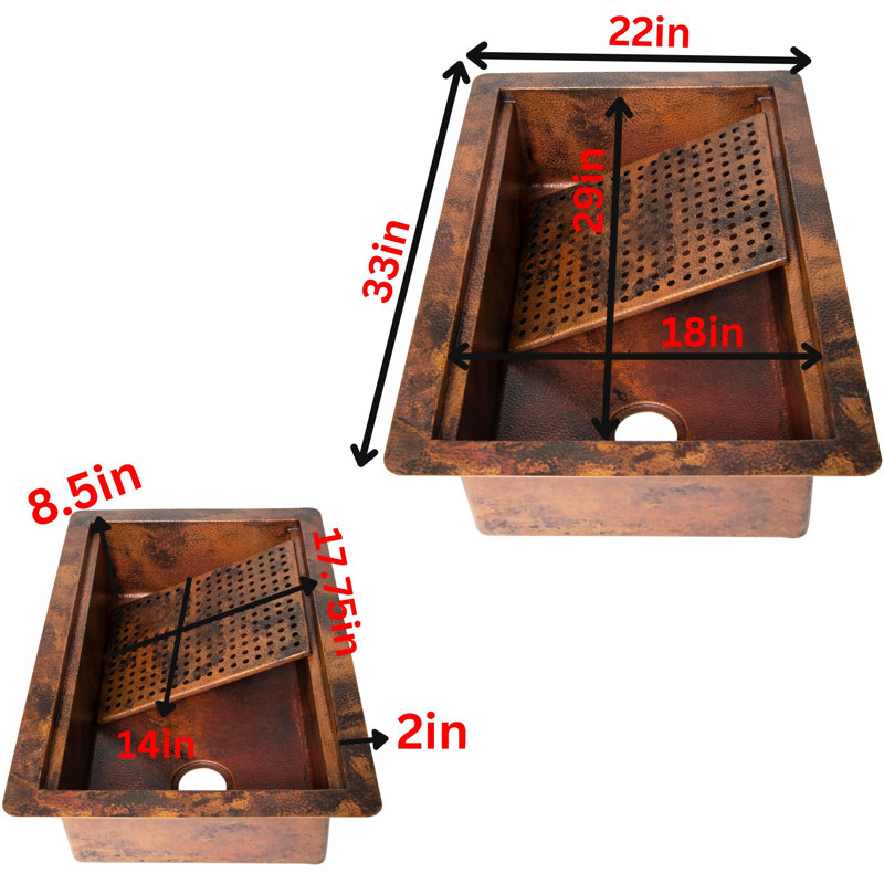 33" Hammered Copper Rectangular Drop-In Single Bowl Kitchen Sink with Removable Grill