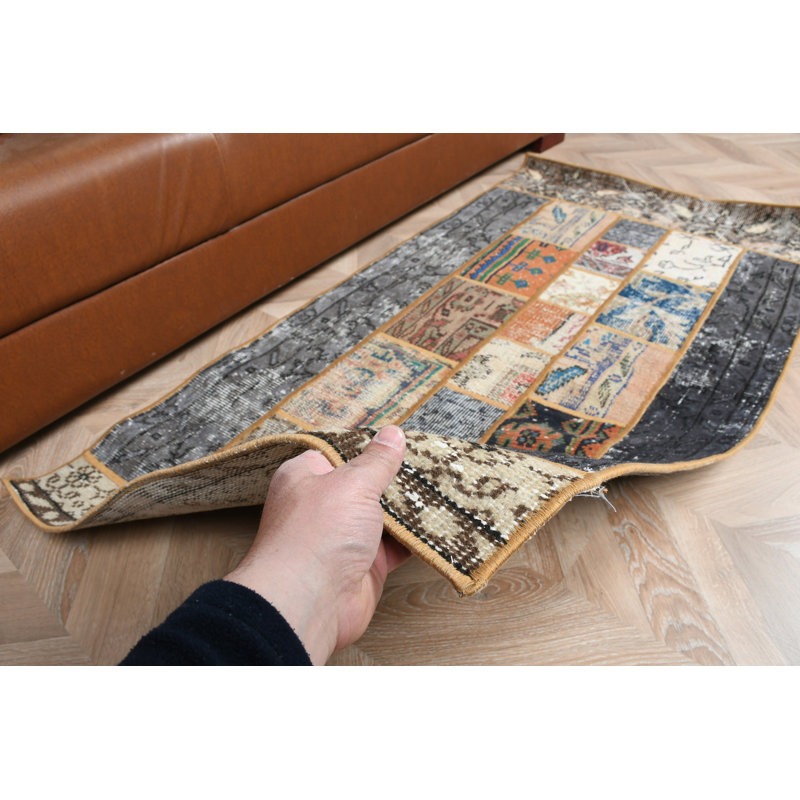 Handmade Vintage Turkish Rug In Patchwork Carpet Style With Oriental Wool Design For Rustic Home Decor And Antique Entryway Accent As Designer Floor Mat