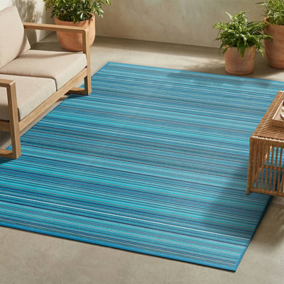 Striped Geo Modern Outdoor Camping Rug - Waterproof, Fade Resistant, Reversible - Recycled Plastic - Camping RV Patio Glamping Deck Pool - Havana Turquoise