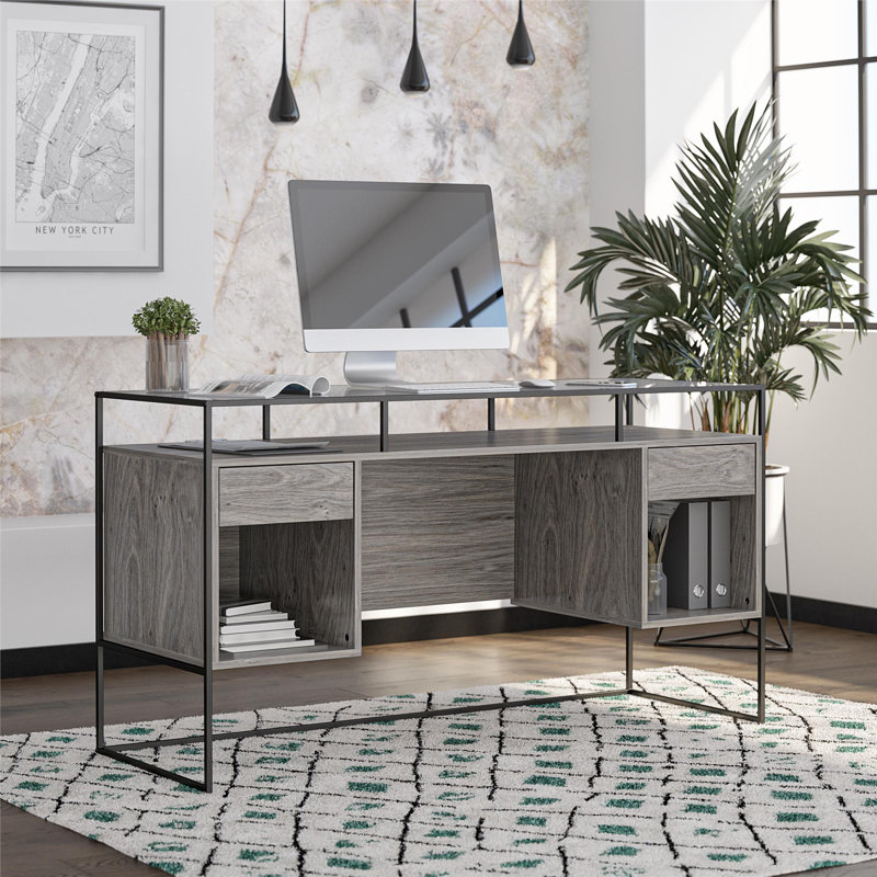 Arreonna 139.7Cm W Rectangle Computer Desk with Cabinet, Grey Oak