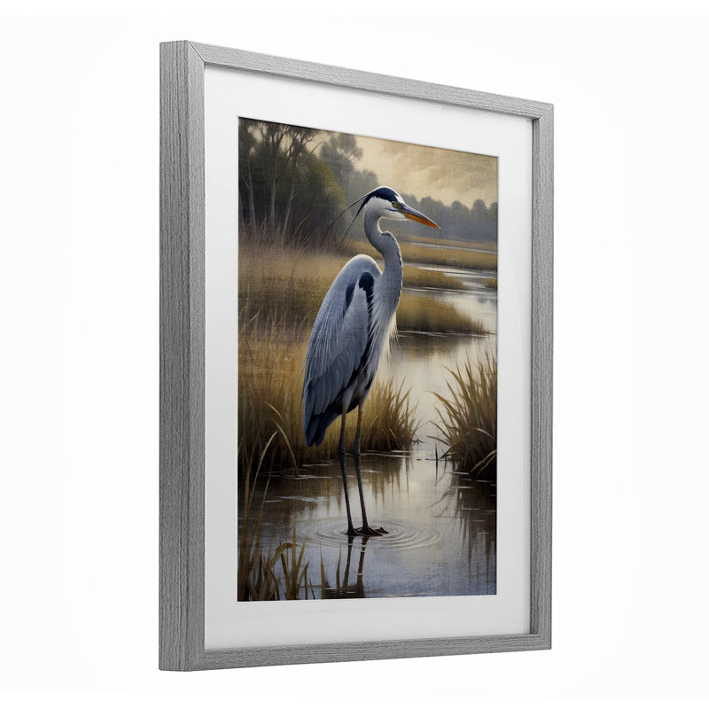 «Heron in Serene Marshlands», reproduction sous verre encadrée, conception de Susan Arnot, H 21 po x l 17 po