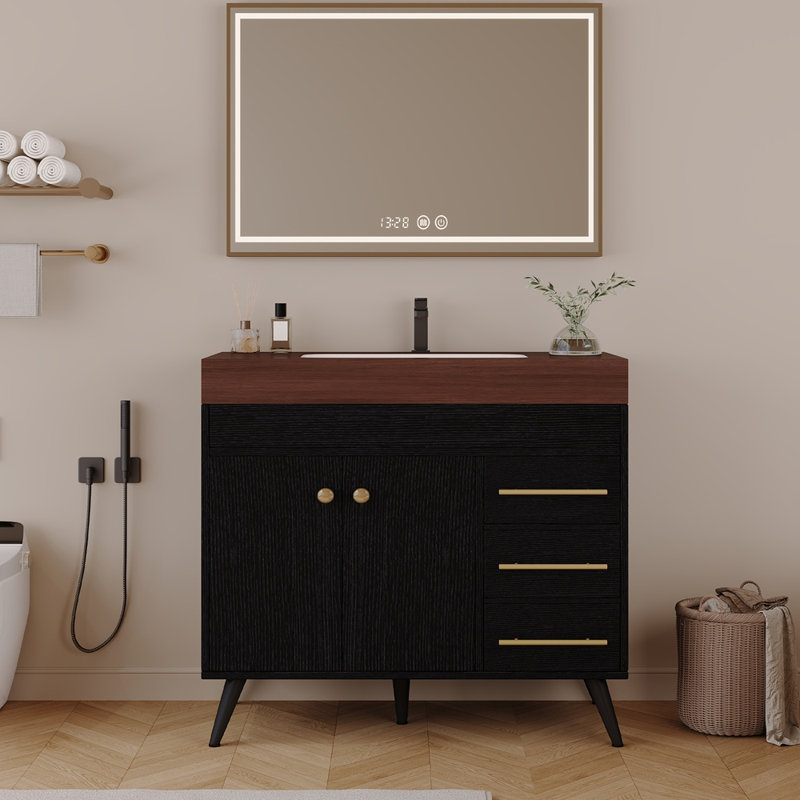 Meuble-lavabo sur pied 36 po avec lavabo en céramique et plateau en faux marbre 36 po, Walnut
