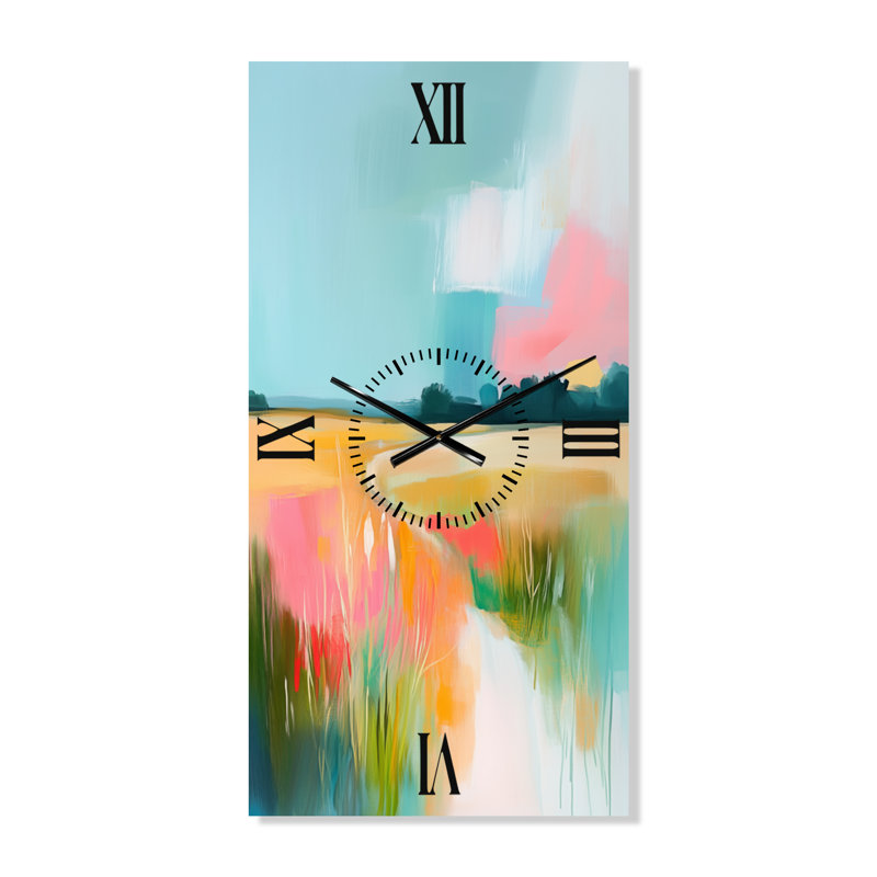 Horloge murale en métal de style champêtre « Terres agricoles d'été roses et bleues », H 40 po x l 20 po - Rectangle