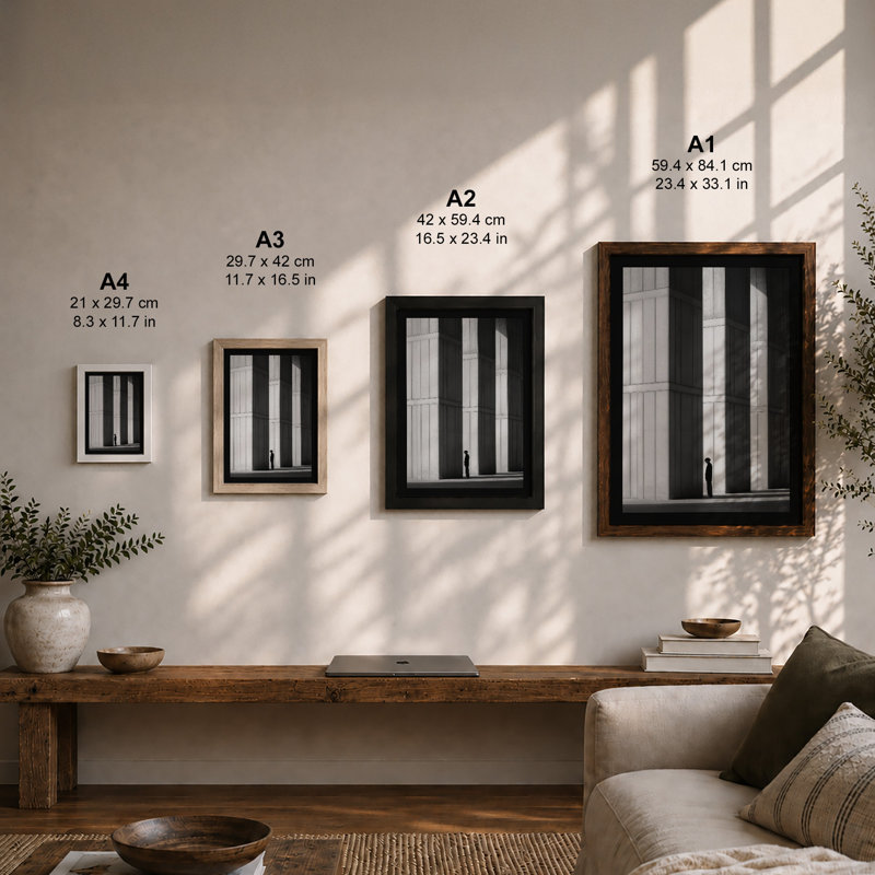 Figure Between Columns Industrial - Framed Print, A1 - 84.1 x 59.4 cm, Black
