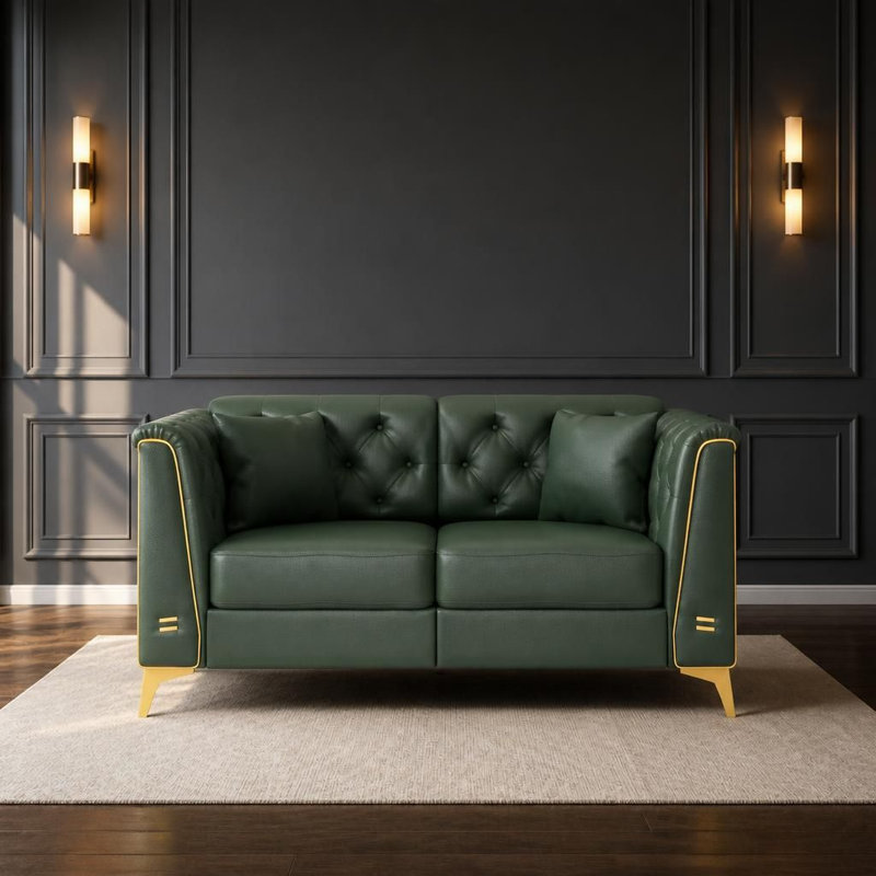 Canapé Chesterfield modulaire léger de luxe à 2 places, canapé en similicuir avec capitonnage à boutons fait à la main, accoudoirs garnis de métal et pieds fuselés en métal, comprend 2 coussins décoratifs