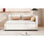Lit de jour en lin beige avec lit gigogne, sans sommier, cadre en bois, peu encombrant pour les soirées pyjama, lit simple tapissier en lin beige gigogne, stable et sécuritaire-179898816