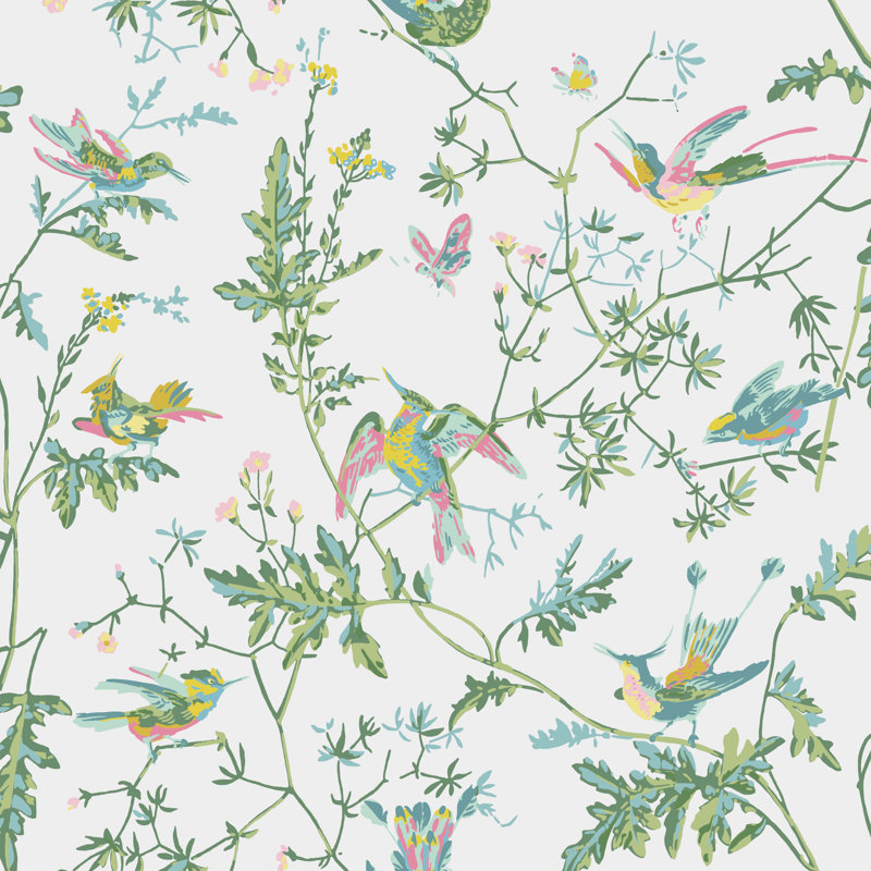 Hummingbirds Floral Wallpaper Roll, Green/Pink