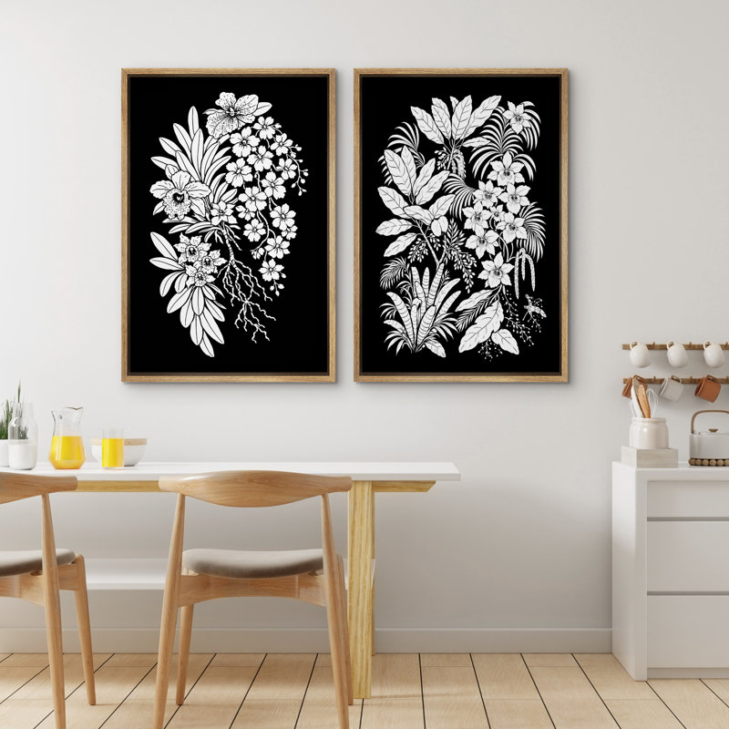 Impression sur toile noire encadrée botanique sur fond noir, H 24 po x l 16 po x P 1,5 po, Naturel