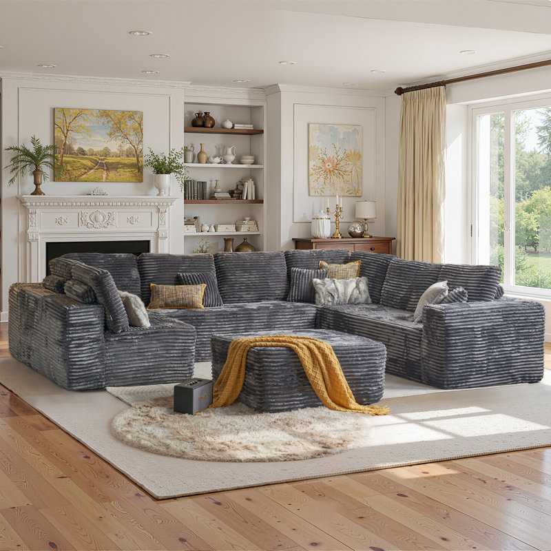 Vivelle Boneless 5-Piece Modular Sectional Floor Sofa In Plush Corduroy, No Assembly Needed, Cloud Couch For Living Room