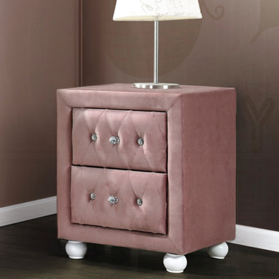 2 Upholstered Nightstand In Pink Fabric - Particle Board, Pulls Bedroom With 2 Drawers Metal Glide Side, Stop, Engineered Hardwood