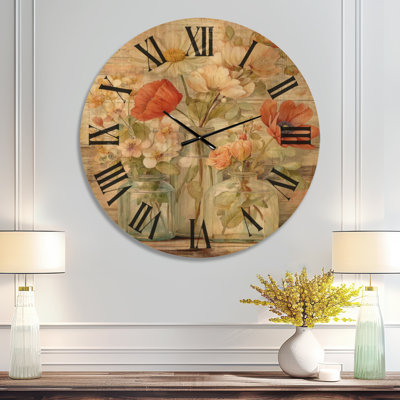 Très grande horloge murale en bois botanique - arrangement de fleurs rétro maison de campagne