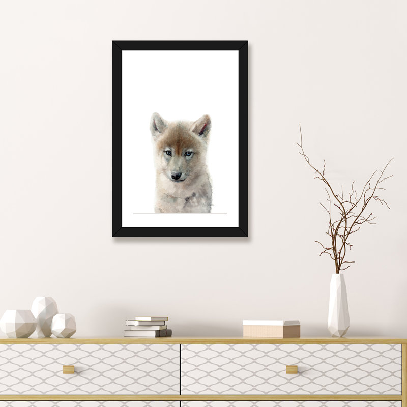 Bébé loup - reproduction d'art, H 24 po x l 16 po x P 1 po, Papier encadré noir, Blanc